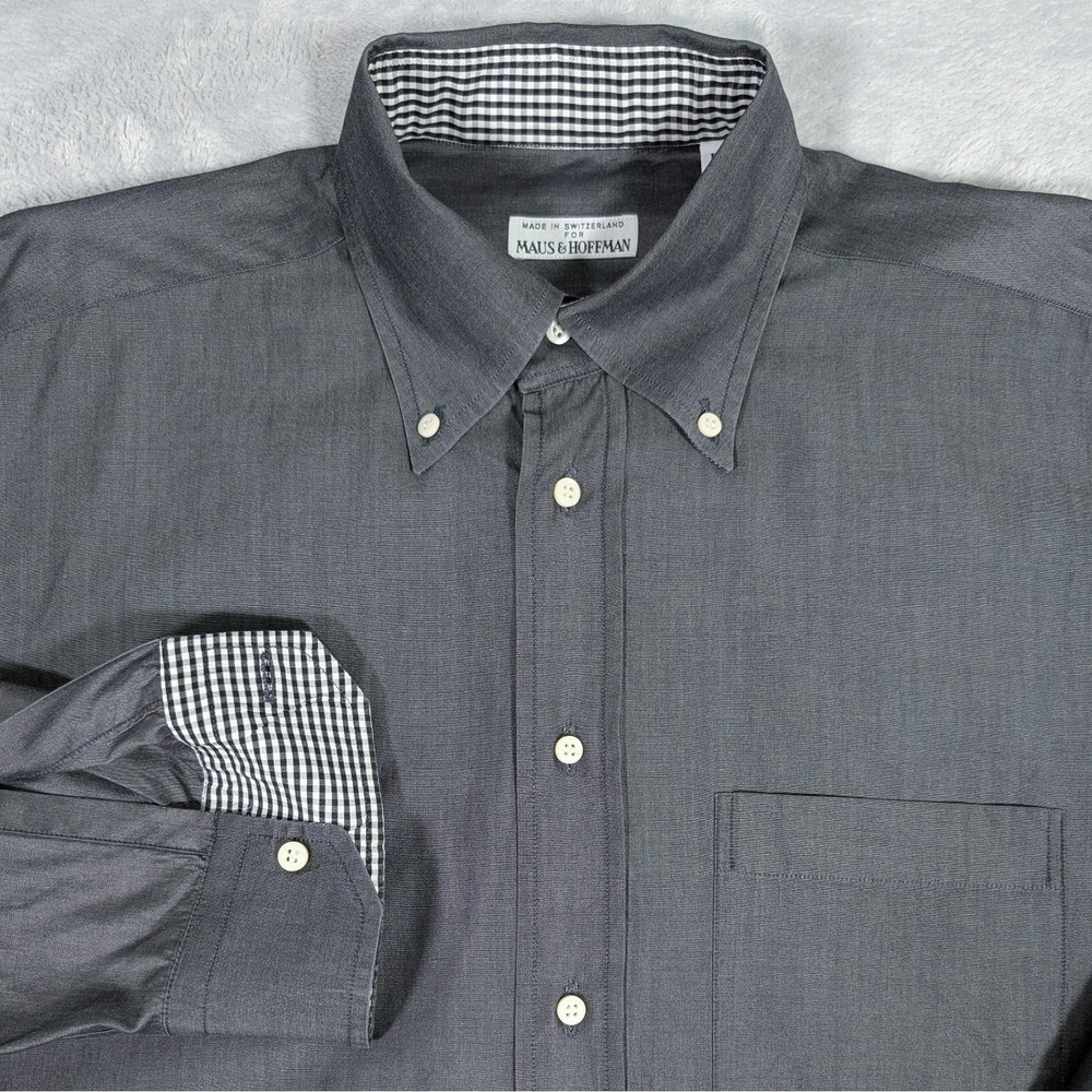 VTG Maus & Hoffman Swiss Made Cotton Chambray Shirt Mens L Gray Flip Cuffs